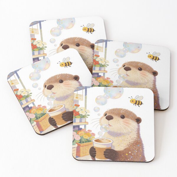 Item preview, Whimsical Coffee Otter Art | Cozy Morning Latte, Bubbles & Bee Aesthetic designed and sold by Cherrydora.