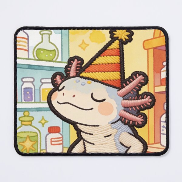 Item preview, Whimsical Embroidered Axolotl in a Party Hat | Cozy Kawaii Salamander Scientist Art designed and sold by Cherrydora.