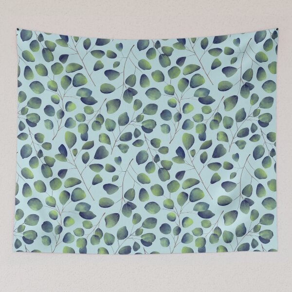 Item preview, Dancing Eucalyptus Leaves - Blue Green on Light Blue BG designed and sold by thecolorbirdie.