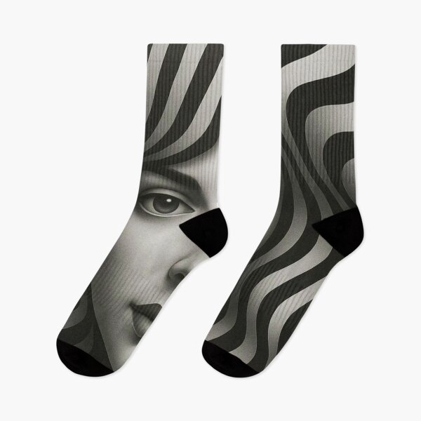 Item preview, Surreal Woman Face Art with Optical Illusion Hair - Monochrome Abstract Portrait in Black and White Striped Waves designed and sold by AnTartstudios.
