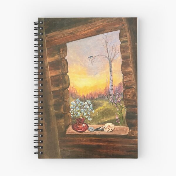 Item preview, A Cabin Window at Sunrise with a Raven Skull, Forget Me Not, Raven  designed and sold by Cabin Fever in Alaska.