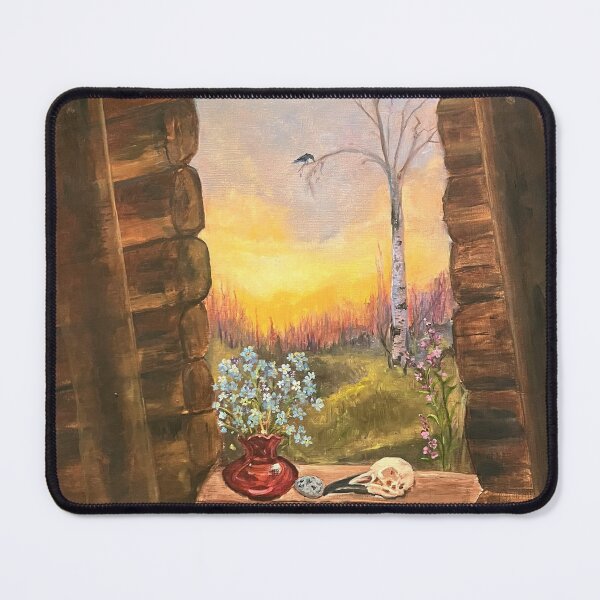 Item preview, A Cabin Window at Sunrise with a Raven Skull, Forget Me Not, Raven designed and sold by Cabin Fever in Alaska.