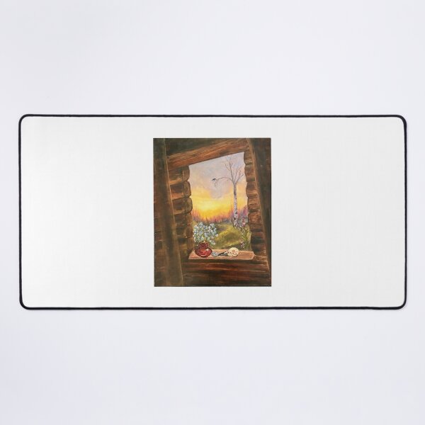 Item preview, A Cabin Window at Sunrise with a Raven Skull, Forget Me Not, Raven  designed and sold by Cabin Fever in Alaska.