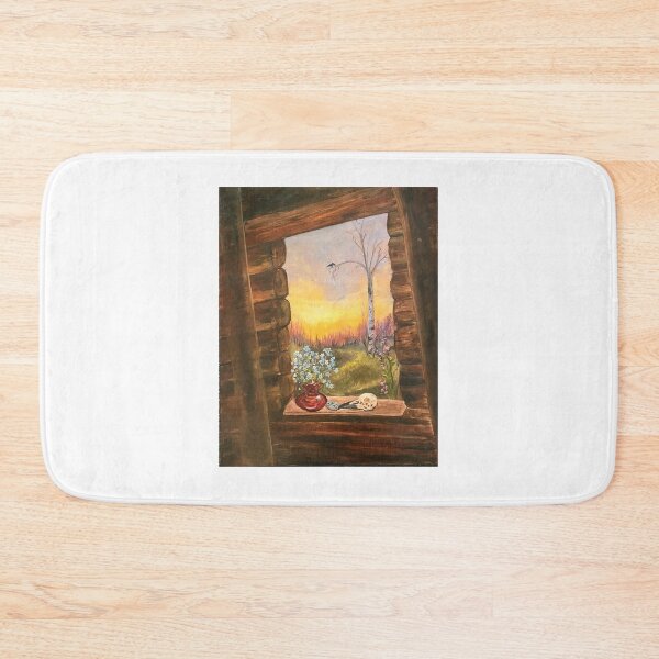 Item preview, A Cabin Window at Sunrise with a Raven Skull, Forget Me Not, Raven  designed and sold by Cabin Fever in Alaska.