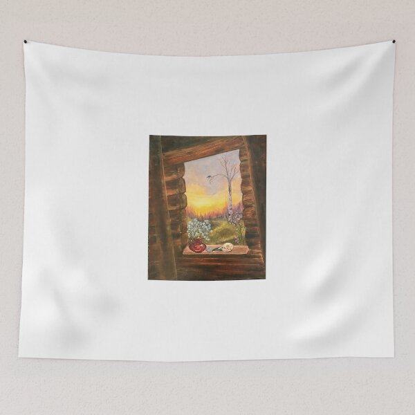 Item preview, A Cabin Window at Sunrise with a Raven Skull, Forget Me Not, Raven  designed and sold by Cabin Fever in Alaska.