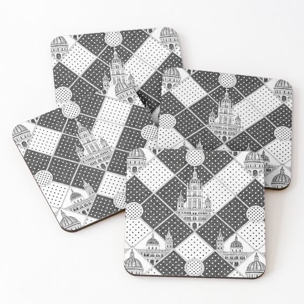 Item preview, Seamless pattern featuring vintage architectural building sketches in black and white, arranged in a geometric patchwork style. designed and sold by KlarkiteTees.