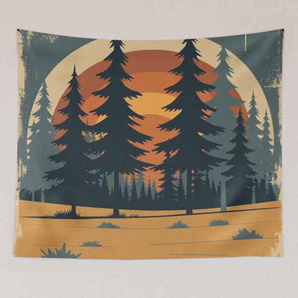 Item preview, Vintage 1970s Retro Sunset Pine Forest Graphic designed and sold by ChinzorigBAY.