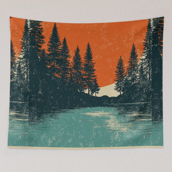 Item preview, Vintage 1970s Retro Sunset Pine Forest Graphic designed and sold by ChinzorigBAY.