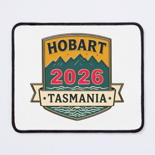 Item preview, Hobart 2026 Retro Travel Badge T-Shirt Design with Mountains and Ocean Elements designed and sold by FestivityFinds.