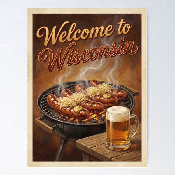 Item preview, Welcome to Wisconsin Bratwurst & Beer Grill Poster designed and sold by Cozy-Old-Pub.
