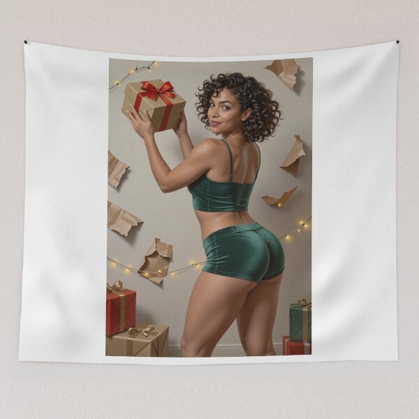Item preview, Sarah holds gift amid festive lights and paper designed and sold by CathryneDelamort.