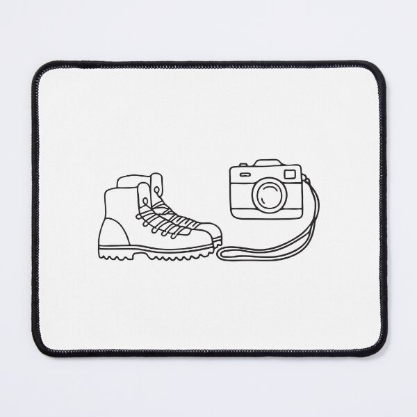 Item preview, A camera next to a pair of hiking boots, strap trailing on the ground   designed and sold by rasagamastore.