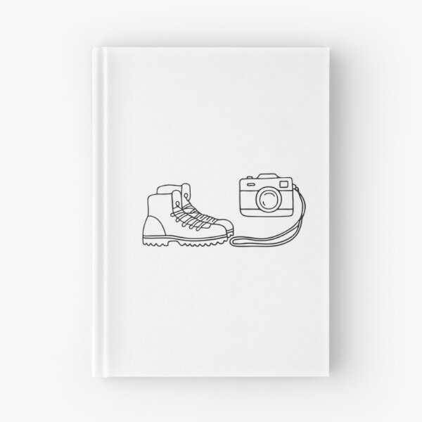 Item preview, A camera next to a pair of hiking boots, strap trailing on the ground   designed and sold by rasagamastore.