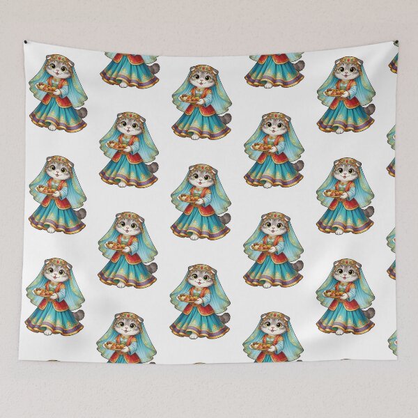 Item preview, Cute Scottish Fold Cat in Azerbaijani Clothing - Cultural Cat Art designed and sold by HappyPawsWorld.