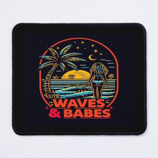 Item preview, Retro Beach Vibes Art – Sunset Ocean Scene with Babe, Palm Trees, Moon & Stars – WAVES & BABES designed and sold by Bright Nest Studio.