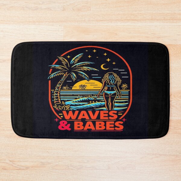 Item preview, Retro Beach Vibes Art – Sunset Ocean Scene with Babe, Palm Trees, Moon & Stars – WAVES & BABES designed and sold by Bright Nest Studio.