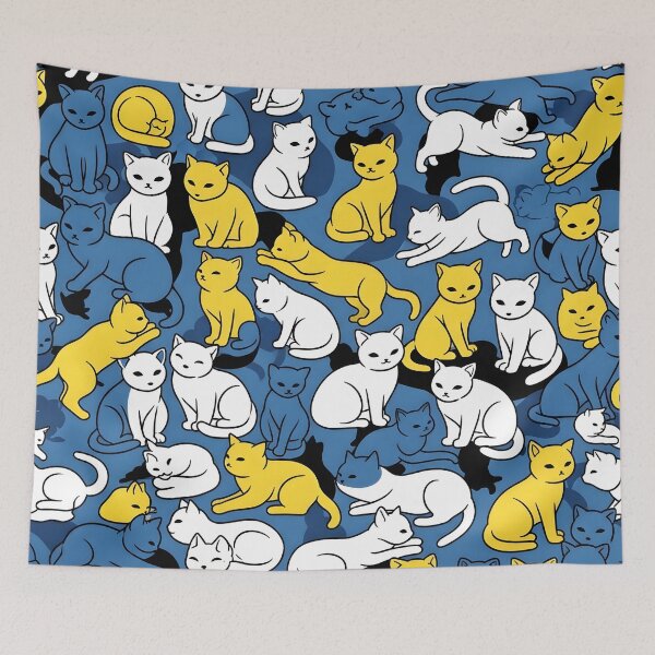 Item preview, Cute Cat Pattern | Blue, Yellow & White Cats Seamless Design for T-Shirts, Stickers, and Home Decor designed and sold by Atelier Nocturne Graphic.