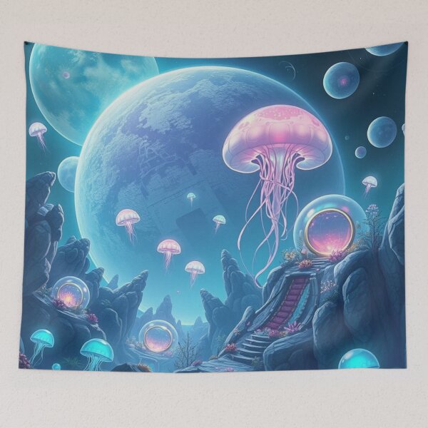 Item preview, Celestial Sea: Neon Jellyfish in a Galactic Dream designed and sold by HappySproutArt.