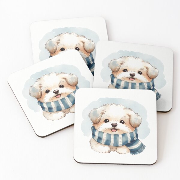 Item preview, Adorable Watercolor Fluffy Puppy in Blue Striped Scarf Winter Art designed and sold by SplashTastic.