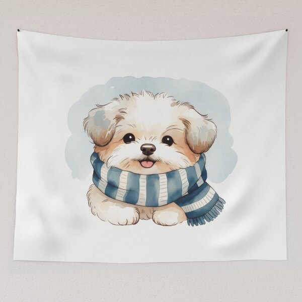 Item preview, Adorable Watercolor Fluffy Puppy in Blue Striped Scarf Winter Art designed and sold by SplashTastic.