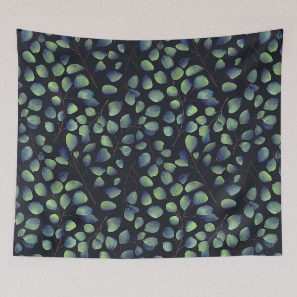 Item preview, Dancing Eucalyptus Leaves - Blue Green on Dark Midnight Blue BG designed and sold by thecolorbirdie.