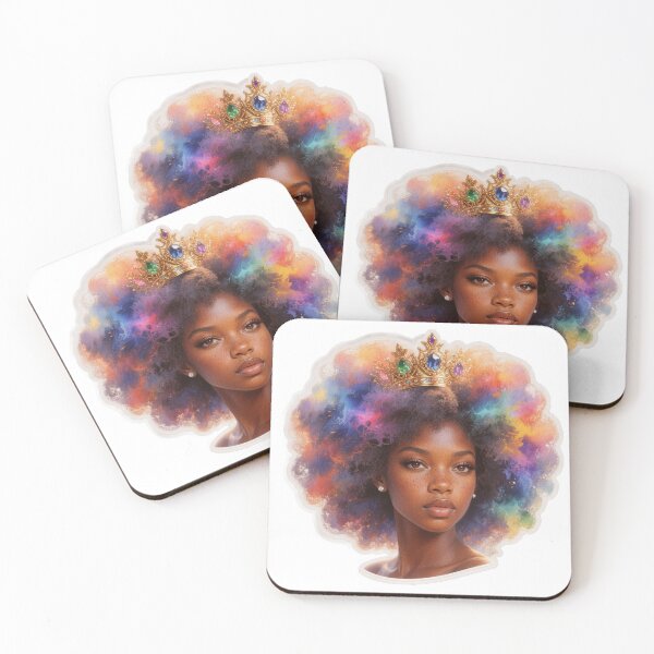 Item preview, Regal Afro Queen with Vibrant Galaxy Hair Crown Vinyl Sticker designed and sold by ARTCREATESHOP.