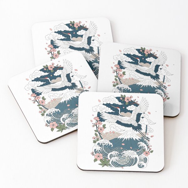 Item preview, Vintage Ukiyo-e Japanese Crane Art with Fuji & Sakura designed and sold by SholoStudio.