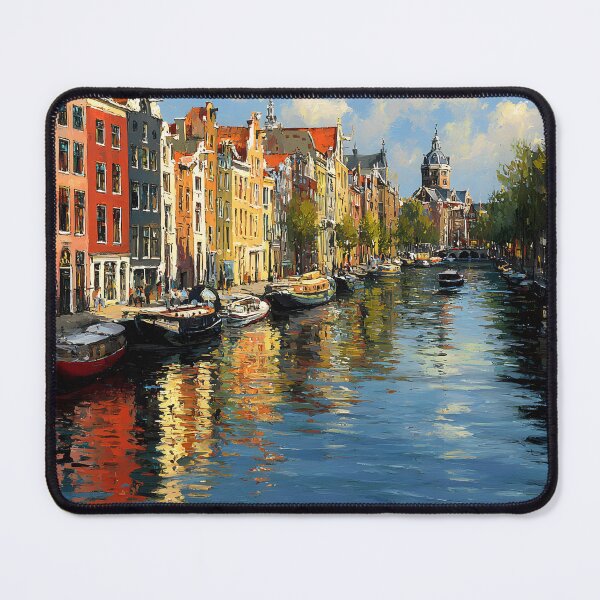 Item preview, Tranquilo canal de Ámsterdam con coloridos edificios y barcos designed and sold by daila70.