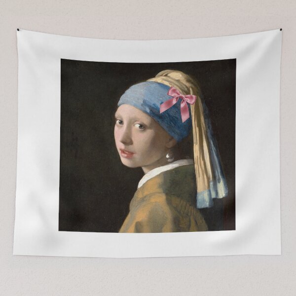 Item preview, Coquette Girl with a Pearl Earring - Vermeer Art Parody with Pink Bow designed and sold by Open Canvas.