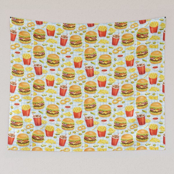 Item preview, Fast Food Pattern on Blue Gingham designed and sold by juthamas8426.