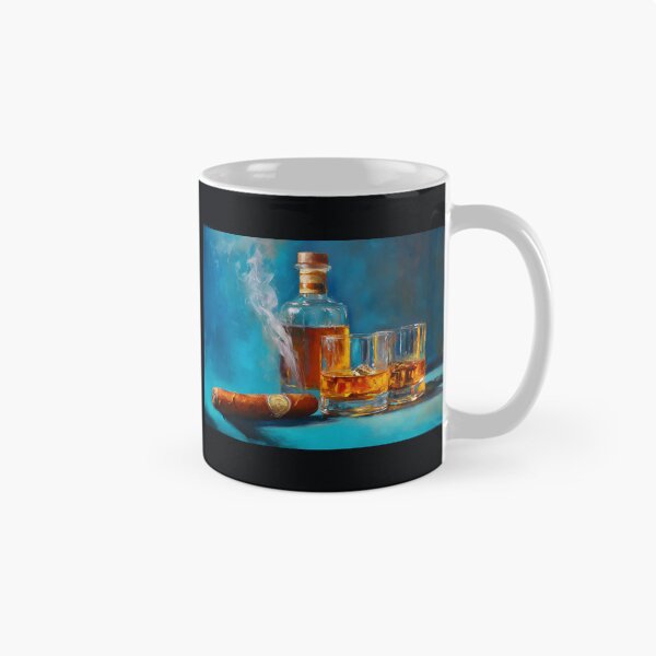 Item preview, Whiskey Bottle with Glasses and Smoking Cigar Against Rich Blue Background designed and sold by OlfactoART Studio.