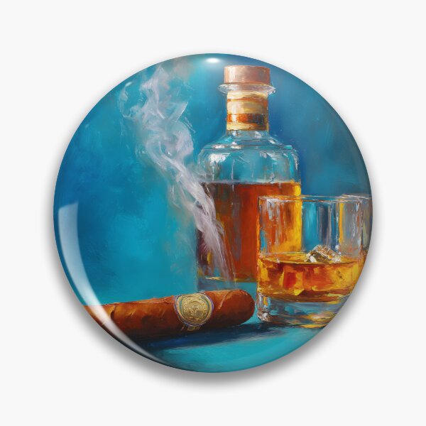 Item preview, Whiskey Bottle with Glasses and Smoking Cigar Against Rich Blue Background designed and sold by OlfactoART Studio.
