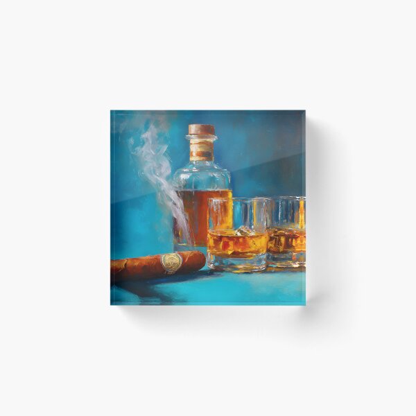 Item preview, Whiskey Bottle with Glasses and Smoking Cigar Against Rich Blue Background designed and sold by OlfactoART Studio.