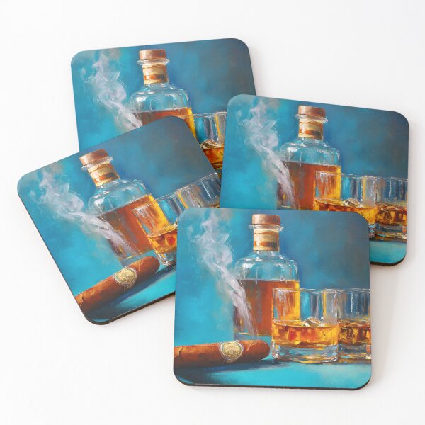 Item preview, Whiskey Bottle with Glasses and Smoking Cigar Against Rich Blue Background designed and sold by OlfactoART Studio.