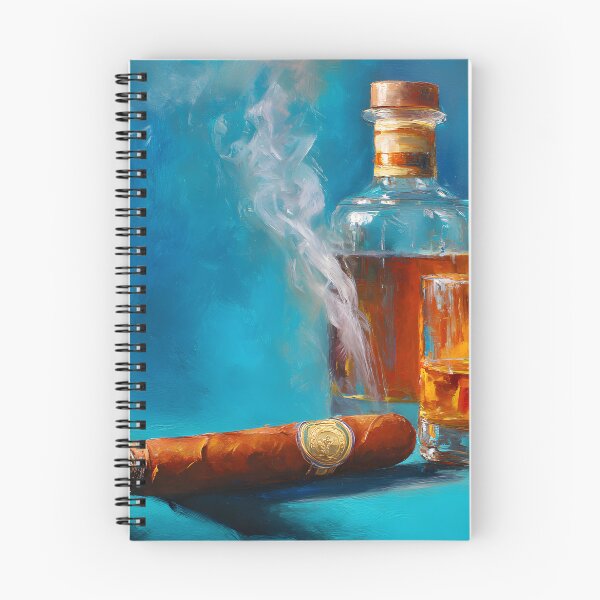 Item preview, Whiskey Bottle with Glasses and Smoking Cigar Against Rich Blue Background designed and sold by OlfactoART Studio.