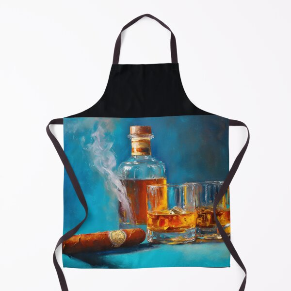 Item preview, Whiskey Bottle with Glasses and Smoking Cigar Against Rich Blue Background designed and sold by OlfactoART Studio.