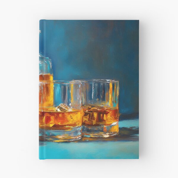 Item preview, Whiskey Bottle with Glasses and Smoking Cigar Against Rich Blue Background designed and sold by OlfactoART Studio.