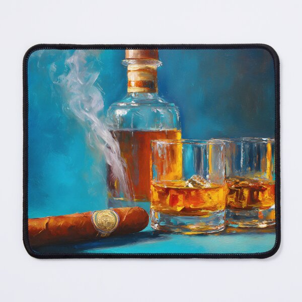 Item preview, Whiskey Bottle with Glasses and Smoking Cigar Against Rich Blue Background designed and sold by OlfactoART Studio.