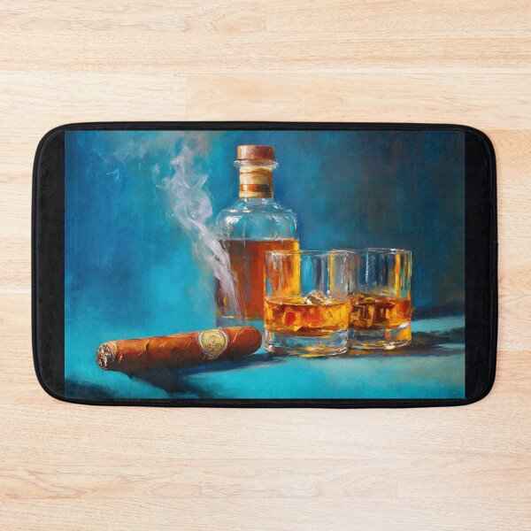 Item preview, Whiskey Bottle with Glasses and Smoking Cigar Against Rich Blue Background designed and sold by OlfactoART Studio.