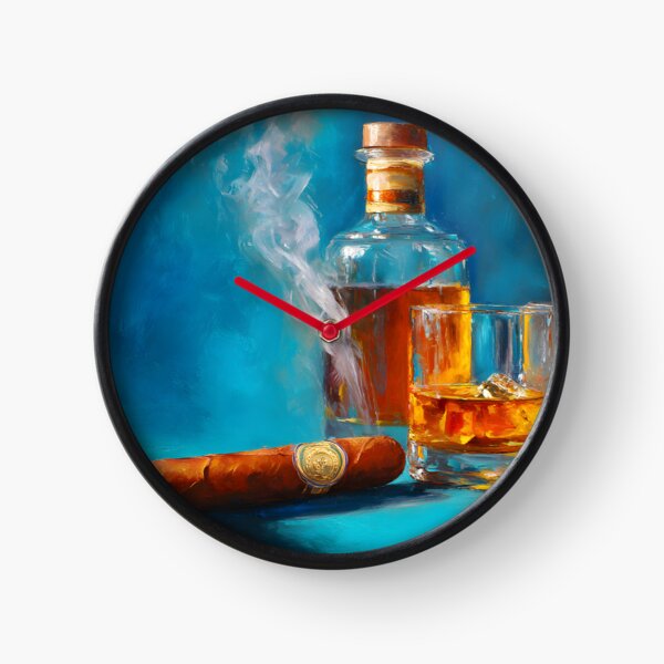 Item preview, Whiskey Bottle with Glasses and Smoking Cigar Against Rich Blue Background designed and sold by OlfactoART Studio.
