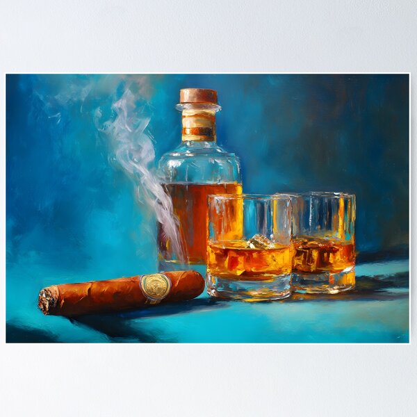 Item preview, Whiskey Bottle with Glasses and Smoking Cigar Against Rich Blue Background designed and sold by OlfactoART Studio.