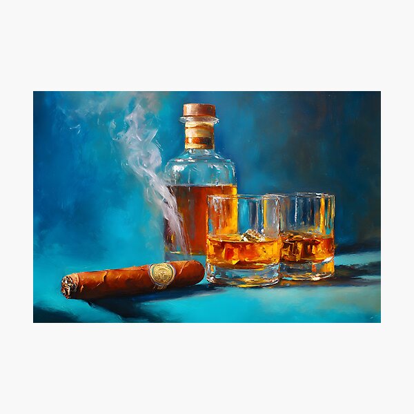 Item preview, Whiskey Bottle with Glasses and Smoking Cigar Against Rich Blue Background designed and sold by OlfactoART Studio.