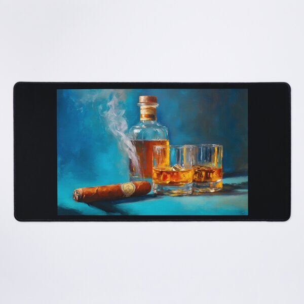 Item preview, Whiskey Bottle with Glasses and Smoking Cigar Against Rich Blue Background designed and sold by OlfactoART Studio.