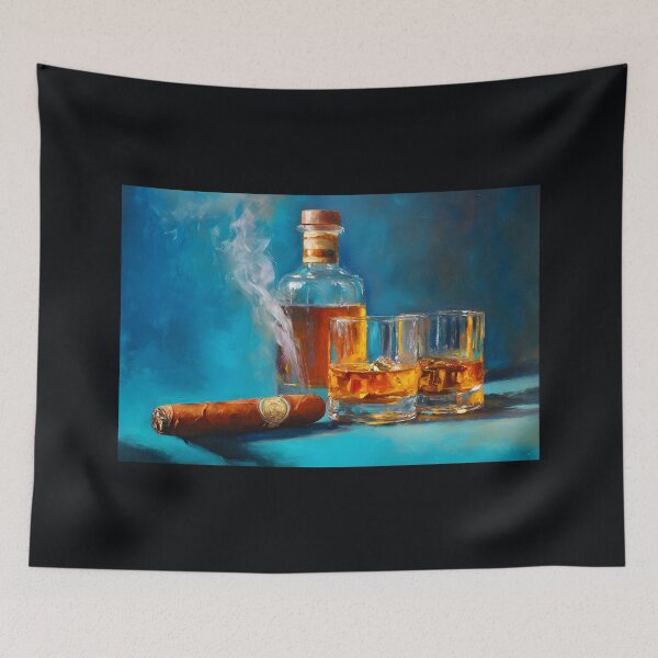 Item preview, Whiskey Bottle with Glasses and Smoking Cigar Against Rich Blue Background designed and sold by OlfactoART Studio.