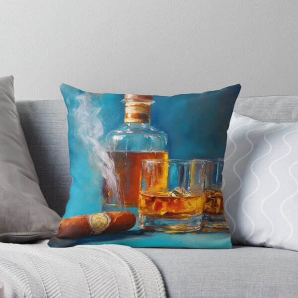 Item preview, Whiskey Bottle with Glasses and Smoking Cigar Against Rich Blue Background designed and sold by OlfactoART Studio.