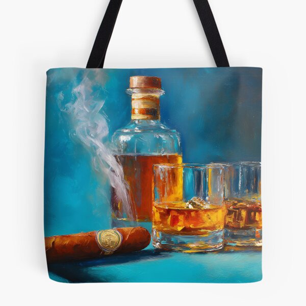 Item preview, Whiskey Bottle with Glasses and Smoking Cigar Against Rich Blue Background designed and sold by OlfactoART Studio.