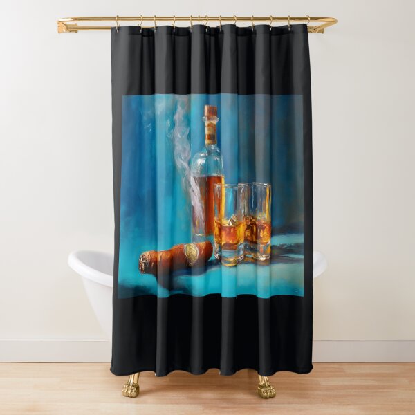 Item preview, Whiskey Bottle with Glasses and Smoking Cigar Against Rich Blue Background designed and sold by OlfactoART Studio.