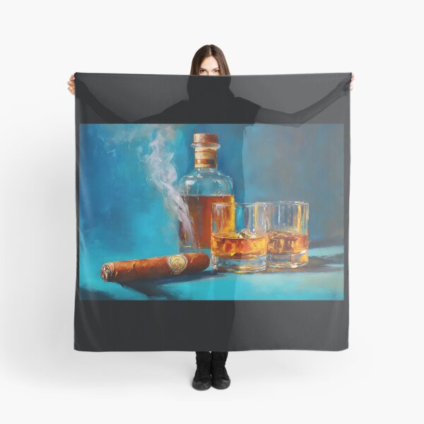 Item preview, Whiskey Bottle with Glasses and Smoking Cigar Against Rich Blue Background designed and sold by OlfactoART Studio.
