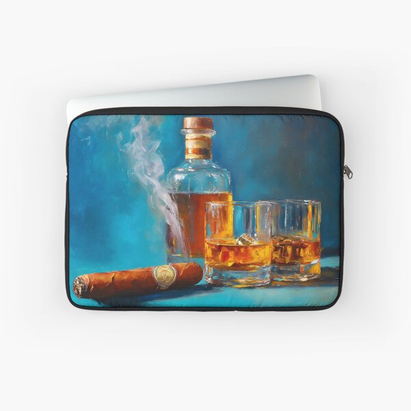 Item preview, Whiskey Bottle with Glasses and Smoking Cigar Against Rich Blue Background designed and sold by OlfactoART Studio.