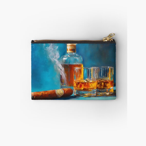 Item preview, Whiskey Bottle with Glasses and Smoking Cigar Against Rich Blue Background designed and sold by OlfactoART Studio.